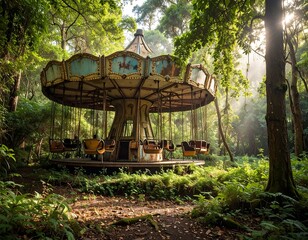Abandoned carousel in a lush forest
