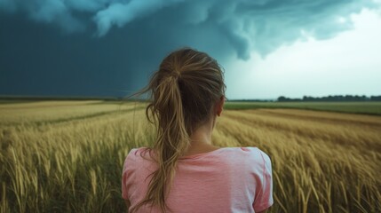 Woman facing storm over golden field