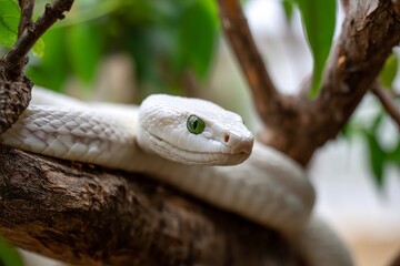 Naklejka premium A white snake rests on a tree branch its green eye in focus