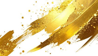 Metallic gold splatter with glittering brushstrokes on luxury minimalist white canvas
