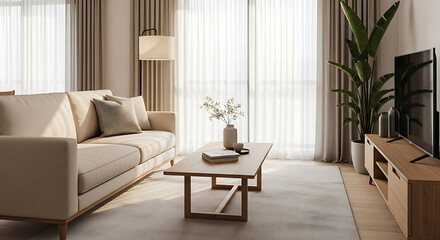 Modern living room interior design with sofa coffee table and plants