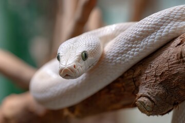 Fototapeta premium A white snake with green eyes is coiled around a brown tree branch
