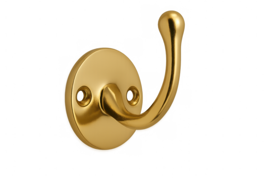 Golden metallic wall hook gleaming against transparent backdrop, hanging garments efficiently