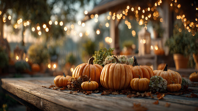 Magical Autumn scene orange pumpkins on a wooden table with party lights bokeh glowing background, fall colors invitation copy space harvest festival halloween thanksgiving traditional holiday - Powered by Adobe
