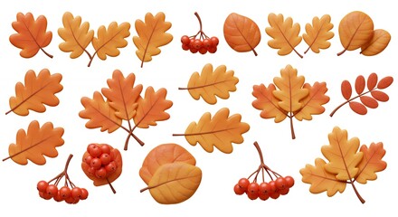 Autumn leaves and berries isolated on white background
