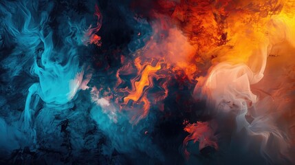 Abstract swirling teal, orange, and white smoke or paint colliding and mixing against a dark background, creating a fiery, dynamic composition
