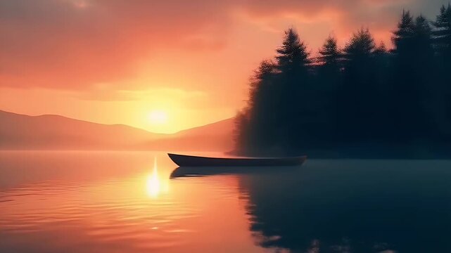 Meditate beside AI generated lake dusk lone rowboat drifts mirror still water forest silhouette embraced lavender sky seamless video K loop offering peaceful screensaver background wellness
