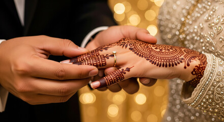 Groom places diamond ring on bride's henna-adorned finger, symbolizing eternal love and commitment.