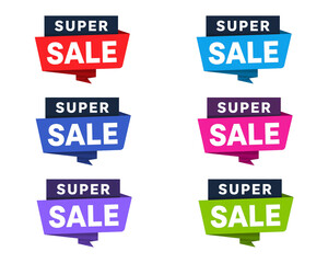 Colorful super sale ribbon banners isolated on transparent background