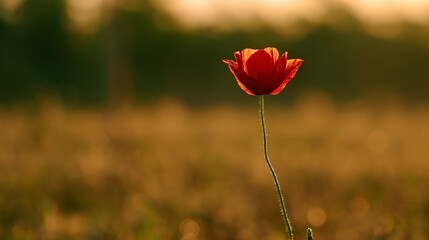 Obraz premium A vibrant red poppy flower in a sunset-lit field, representing remembrance and natural beauty.