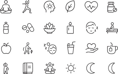 Wellness Line Editable Icons Set Minimal Outline Health, Self-Care, Yoga, and Mental Wellbeing Symbols for Design Use
