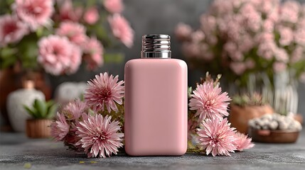Pink perfume bottle with delicate flowers on a textured surface.