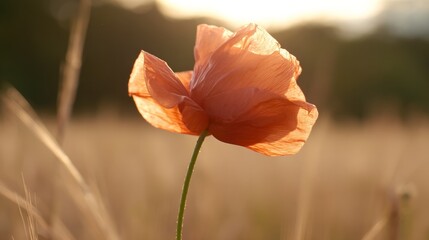 Obraz premium Red poppy flower glowing in a sunset-lit field, evoking a dreamy and serene mood.