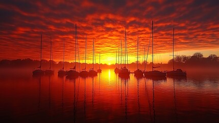 Fiery sunset over a harbor filled with sailboats.