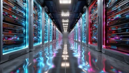 Server Room: A futuristic server room with rows of gleaming servers, illuminating a data center environment, suggesting digital connectivity and cutting-edge technological advancement. - Powered by Adobe