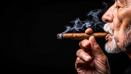 Old man smoking cigar on black background. Suitable for marketing or business purposes