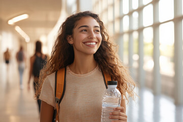 Young latin student smiling and walking in university corridor carrying backpack and water bottle