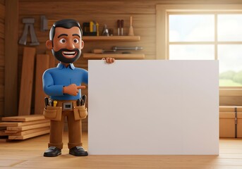 Carpenter pointing a big blank whiteboard or placard, cartoon 3D illustration