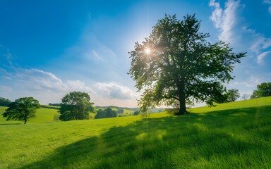 Obraz premium Sunlight streams through a large tree on a rolling green hillside under a blue sky