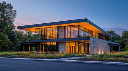 Naklejka premium Modern office building at twilight, featuring a contemporary design with large windows, a flat roof, and stone accents. Landscaped grounds surround the structure
