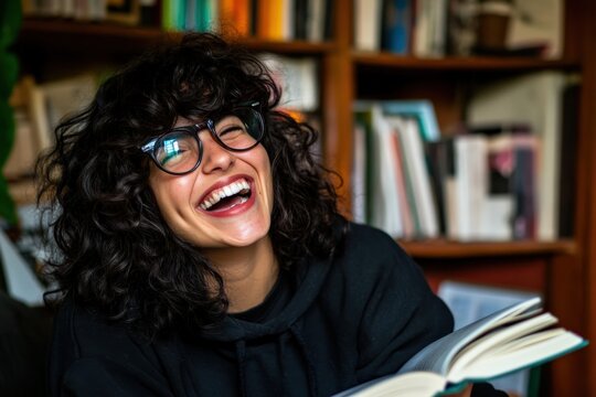 Young woman laughing while reading a book in a library