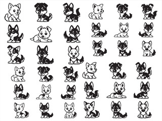 Cute Husky Puppy Clipart Bundle – 9 Black & White Cartoon Dogs