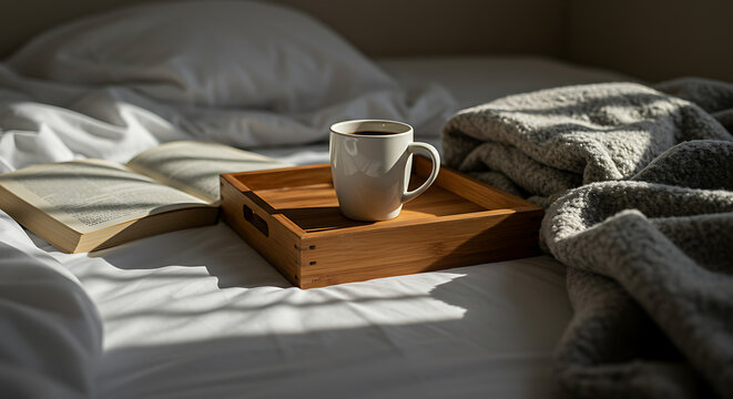 Relaxing morning scene with a warm cup of coffee and an open book on a sunlit, unmade bed, representing a cozy lifestyle.