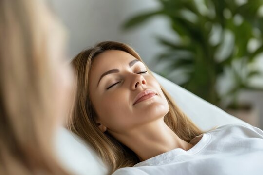 Serene Woman Relaxing with Eyes Closed during Therapy Session
