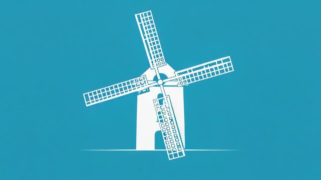 Against a blue background, a white windmill with a modern, minimalist design