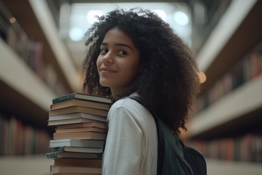 Student carrying a stack of books in the library