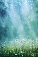 Rain shower on green meadow wildflowers