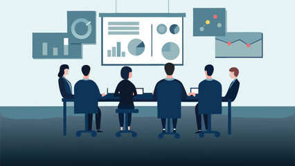 Group of people sitting around a table in a meeting room with charts and graphs on a screen showing data