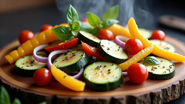 a richly colored 4k food video featuring freshly sliced vegetables including zucchini onions peppers seasoned bs ready grilling ideal recipe videos healthy