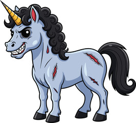 Aggressive cartoon unicorn vector art with golden horn, bleeding wounds, dark curly mane, surreal fantasy character, fierce animal design clipart © Creative Minds
