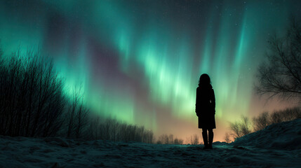 Fototapeta premium Person silhouette watching magnificent aurora borealis lights across dark night sky in winter landscape 