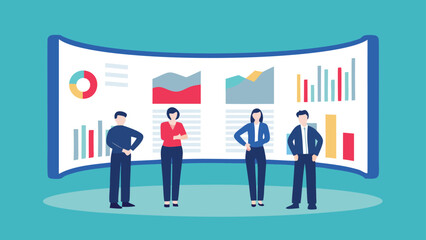 Fototapeta premium Group of business people standing in front of a large screen displaying various charts and graphs data