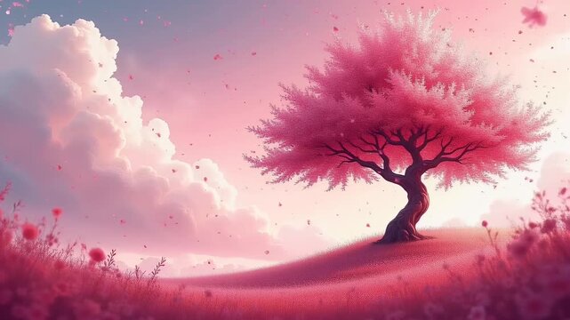 a magical animated background 4k featuring watercolor style cherry blossom tree full bloom set against tranquil spring landscape reminiscent Japanese anime