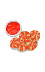 Fish dumpling chesse stripes red and brown with tomato ketchup issolated on white 