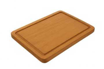 Rustic wooden cutting board resting on clean white surface, highlighting natural grain and culinary workspace design