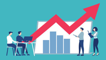 Fototapeta premium Business team analyzing growth chart with upward arrow and bar graph on screen in a meeting setting scene