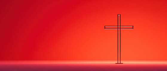 The minimalistic cross illuminated against a vibrant red background.
