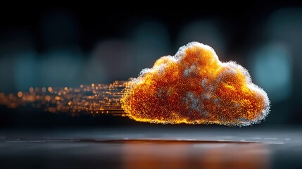 A glowing cloud shape trails sparkling particles, suggesting rapid data transfer or virtual presence against a blurred background