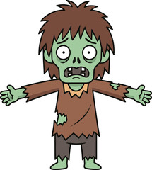 Cartoon zombie character with green skin, tattered clothes, horror theme, Halloween vector art, cad drawing flat vector illustration