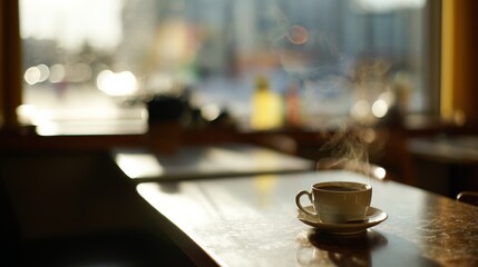A steaming cup of coffee on a cafe table, warmed by morning sunlight.