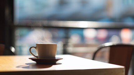 A steaming cup of coffee on a cafe table, warmed by morning sunlight.