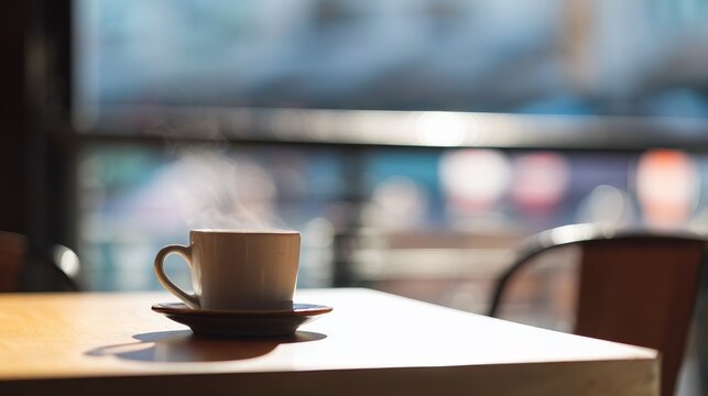 A steaming cup of coffee on a cafe table, warmed by morning sunlight.