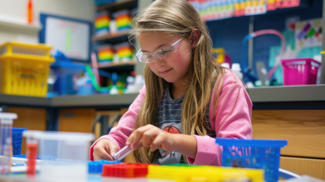 A young girl wearing safety glasses is focused on a science experiment at a table in a classroom