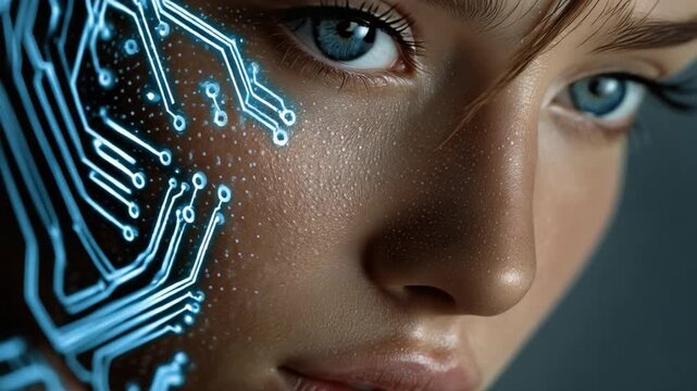 Digital Embrace: A close-up shot of a woman with an intricate circuit board design etched onto her skin, showcasing a stunning synergy of technology and humanity.