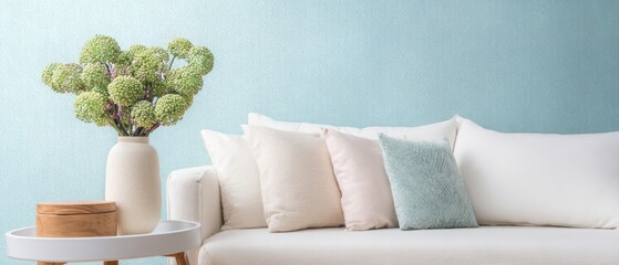 The beautiful arrangement of flowers on a modern sofa in a serene setting.