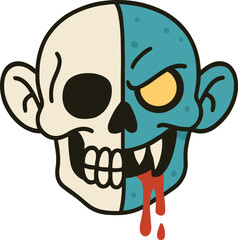 Half-skull half-zombie face with creepy expression and dripping mouth – horror character concept, cad drawing flat vector illustration